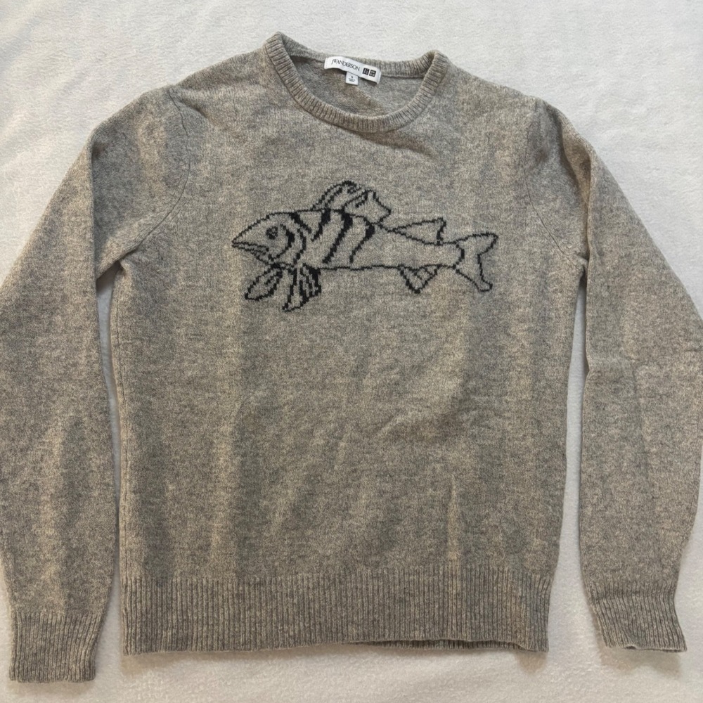 JW Anderson Uniqlo Wool Fish Graphic Sweater Gray Crewneck 351-403274 S